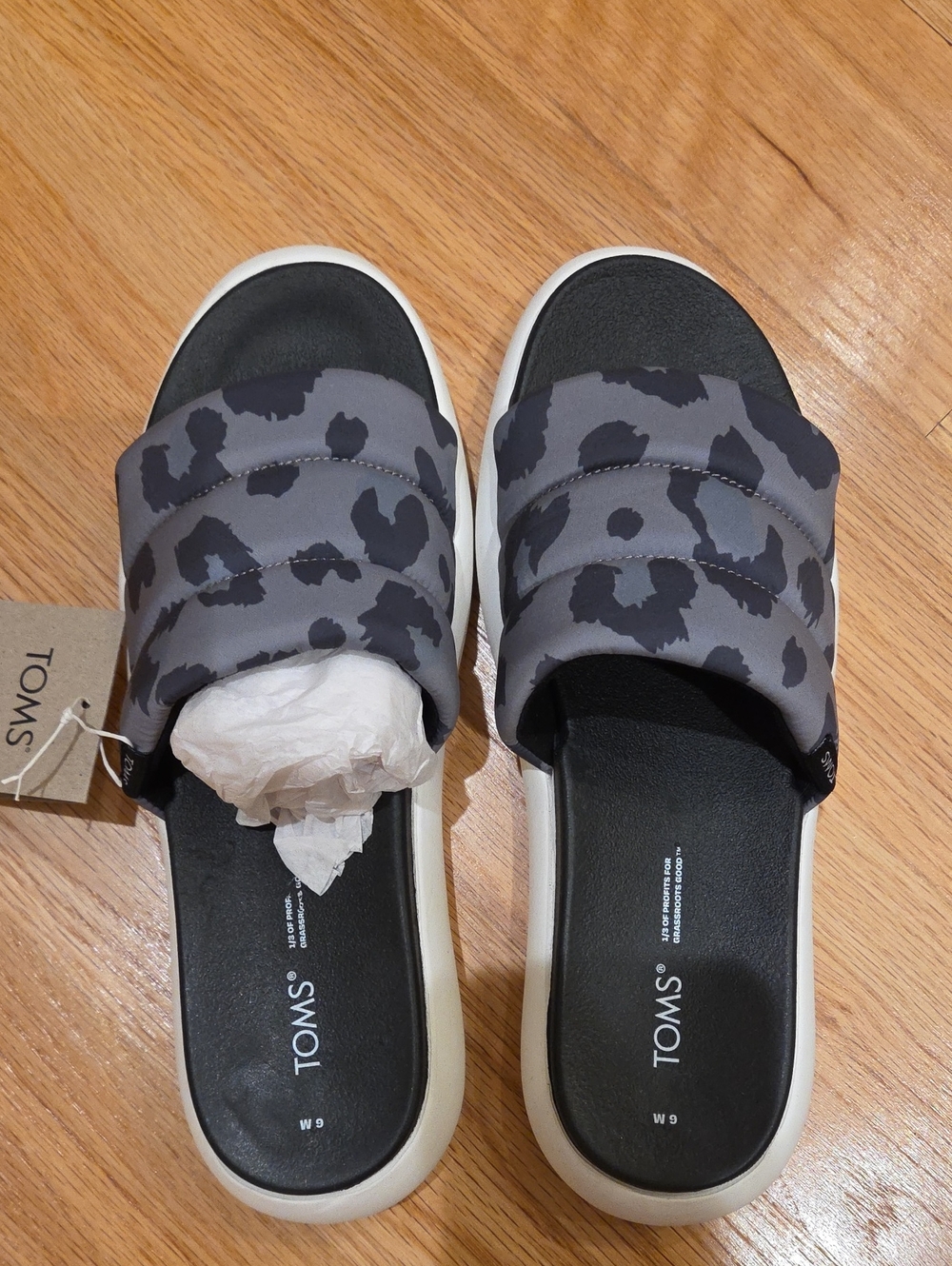 TOMS Gray Leopard Slide Sandals with Black Footbed